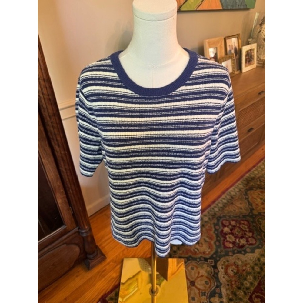 Xirena Womens Navy Blue White Striped Terry Cloth Short Sleeve Knit Top Large